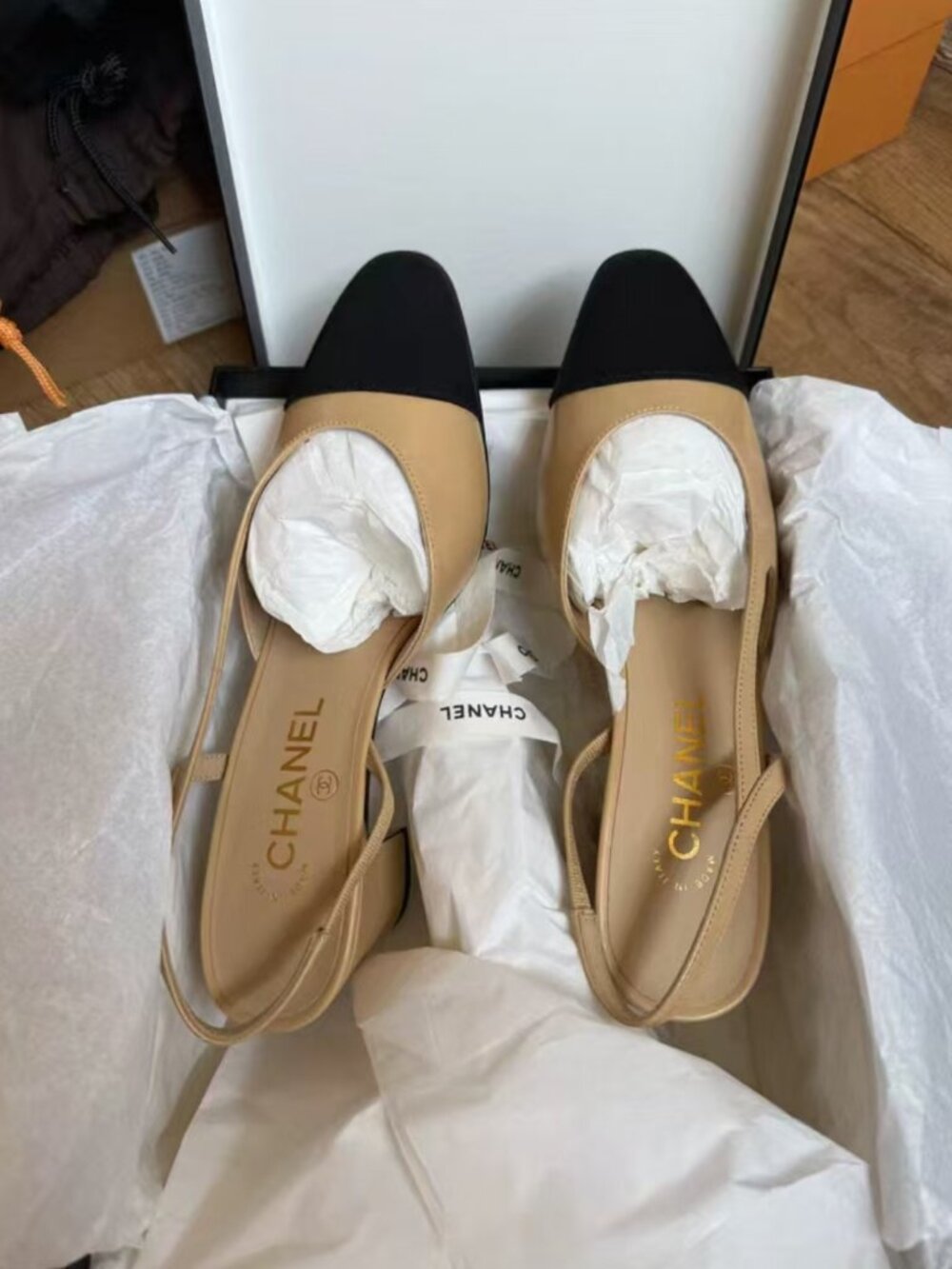 Chanel Two‑Tone Cap‑Toe Leather Slingback Block Heels